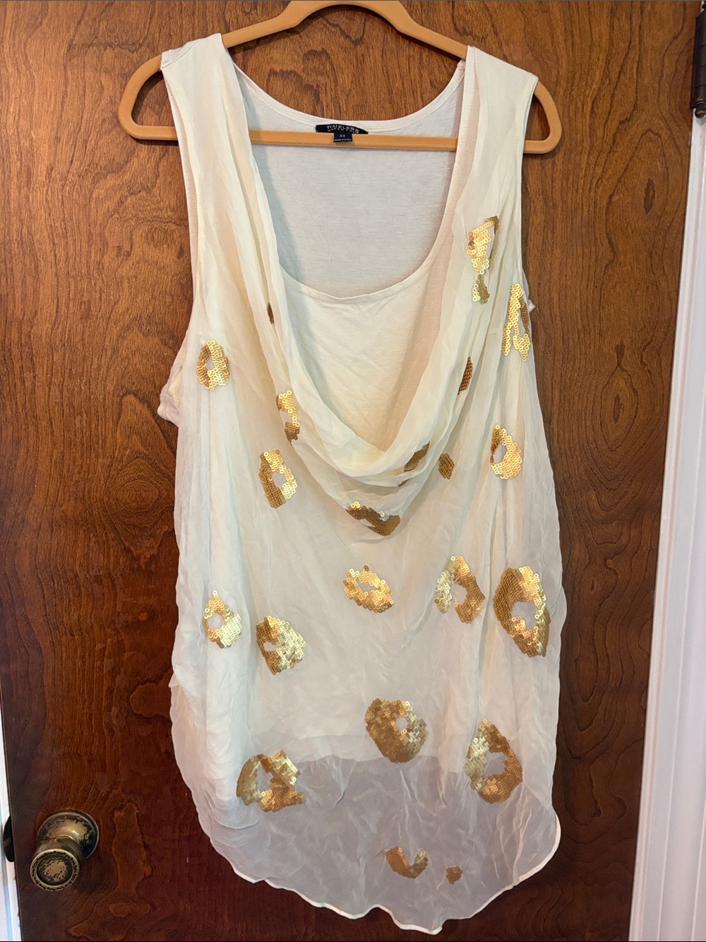 Naeem Khan Sheer Ivory Sleeveless Top with Gold Sequin Accents